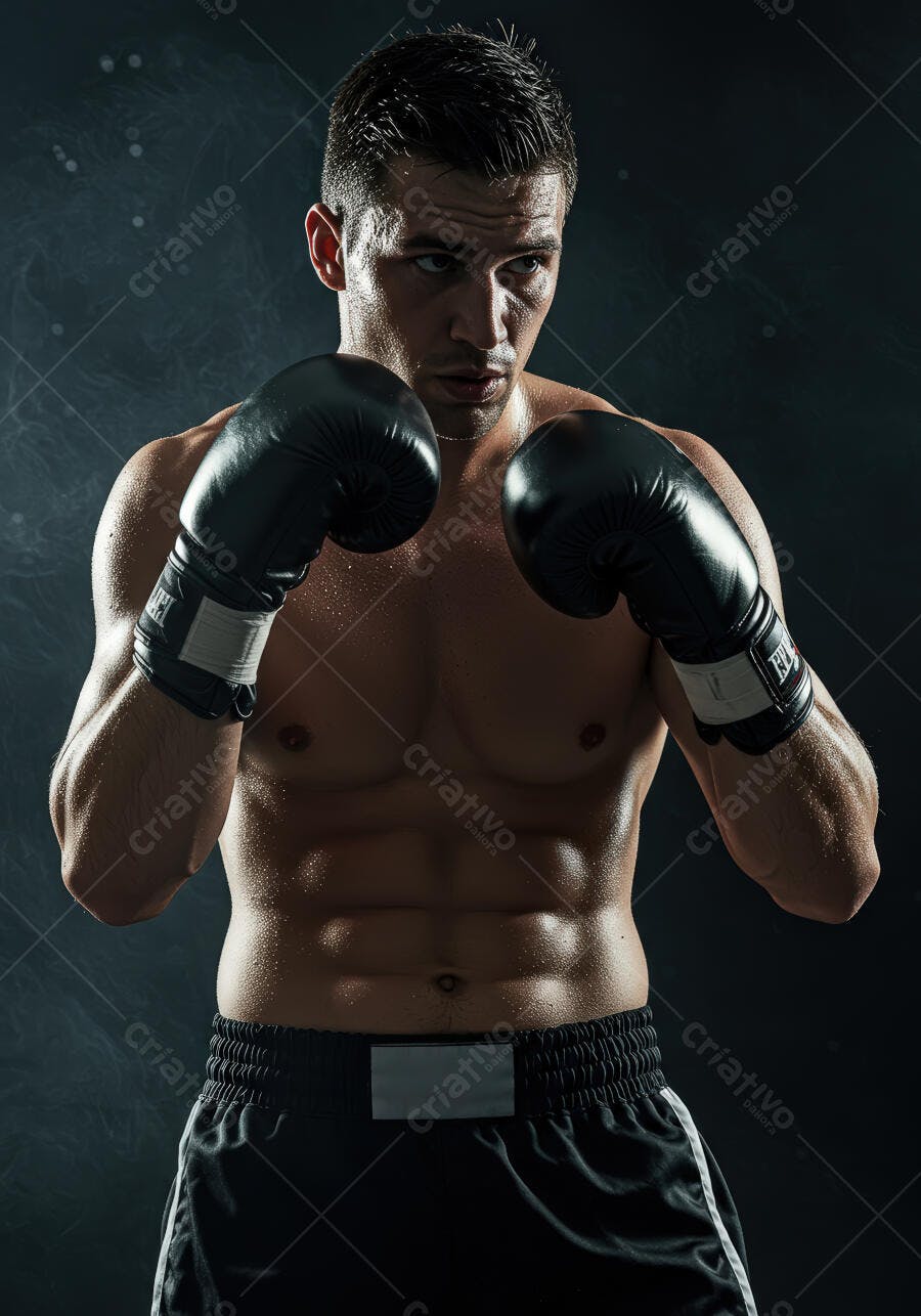 Boxeador com luvas pretas em fundo escuro