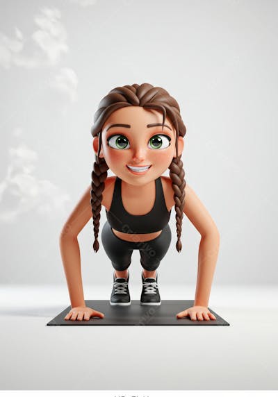 Menina em posição de flexão de braço - Personagem 3D