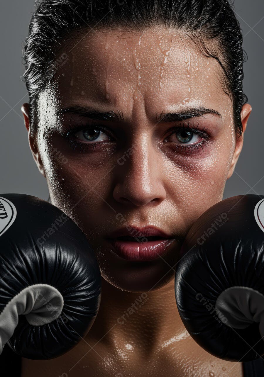 Boxeadora suada com luvas pretas