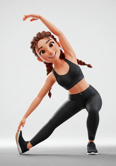 Menina fazendo alongamento lateral em pé - Personagem 3D