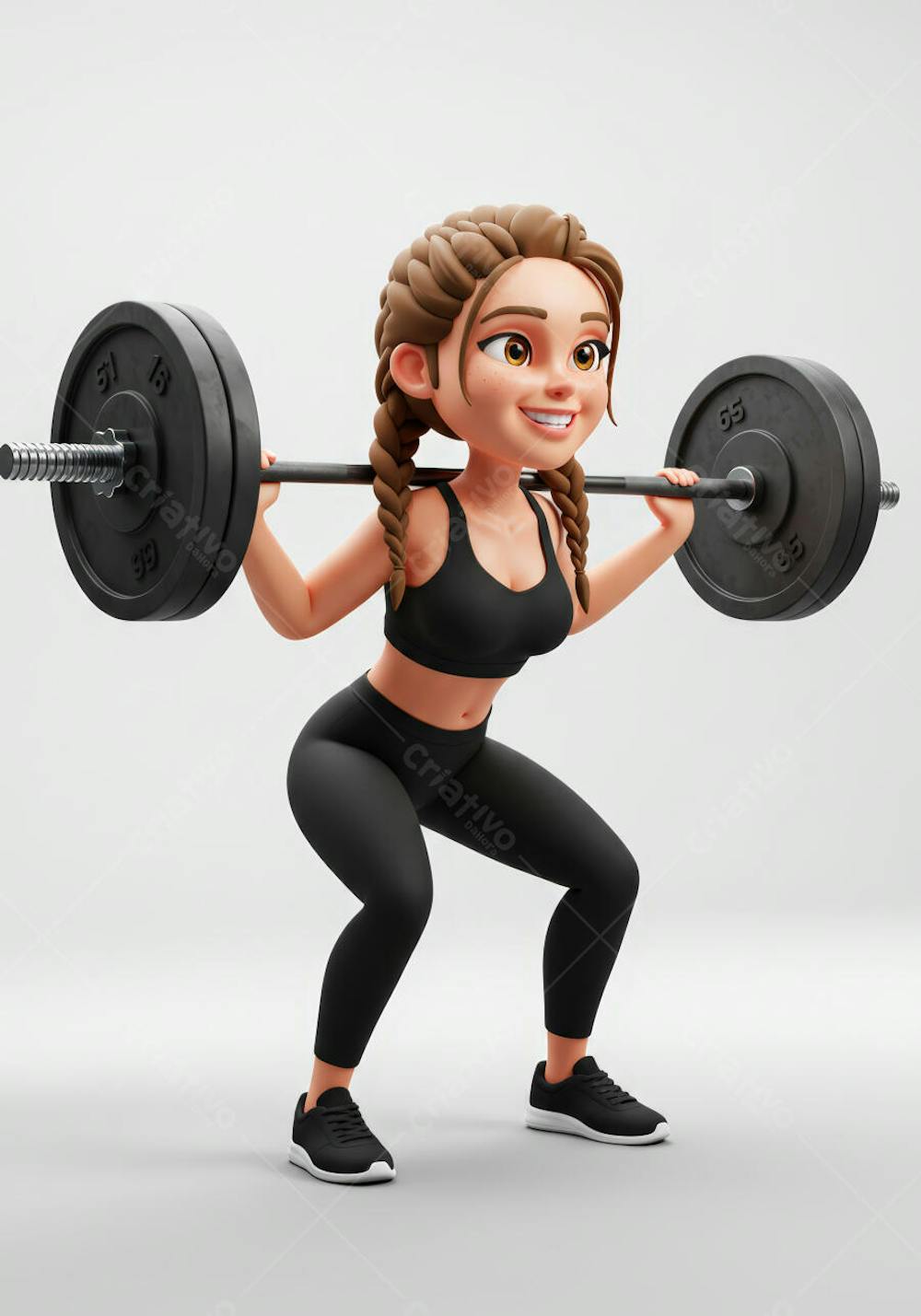 Menina fazendo agachamento com barra - Personagem 3D