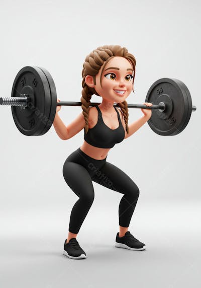 Menina fazendo agachamento com barra - Personagem 3D