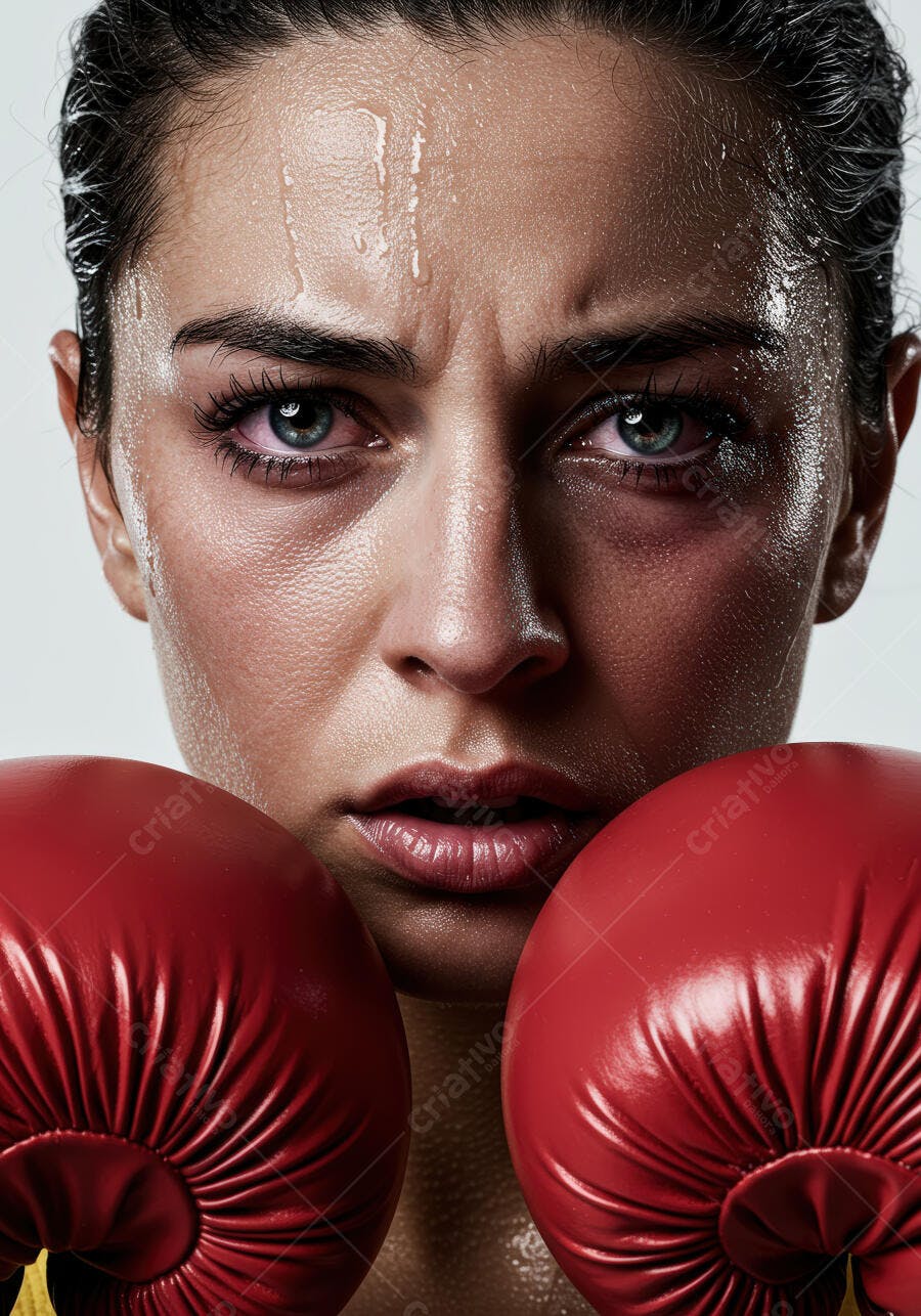 Boxeadora suada com luvas vermelhas