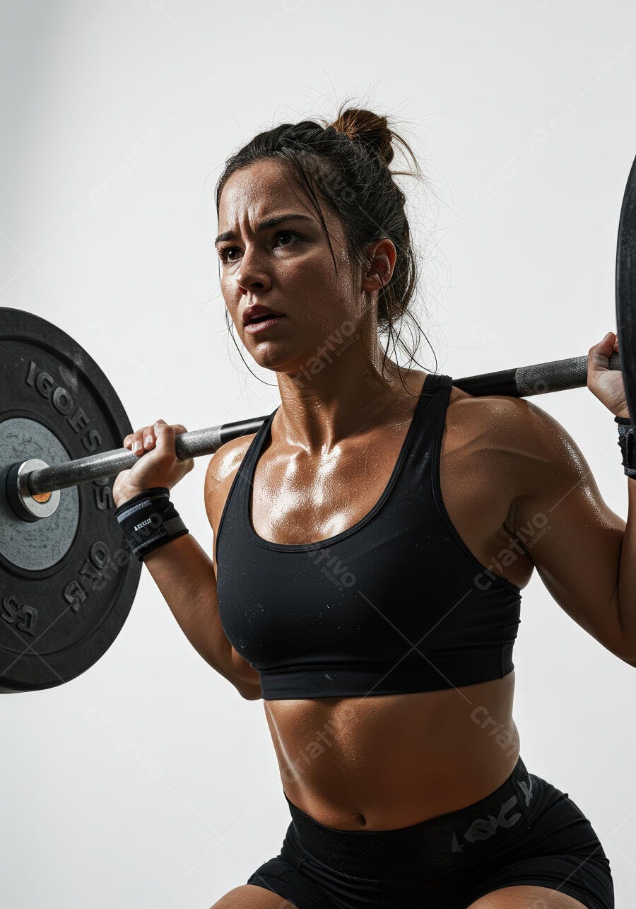 Mulher forte levantando peso treino intenso