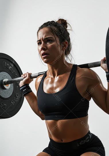 Image of a fit, tanned woman sweating while doing a barbell squat. Dark colors dominate, with black and gray tones in clothing and equipment. The atmosphere is one of effort and determination.