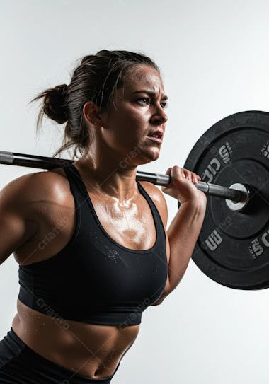 Image of a sweaty Caucasian woman with a defined body, wearing a black top and lifting a barbell. Dark colors and tanned skin tones. Atmosphere of focus and physical exertion.