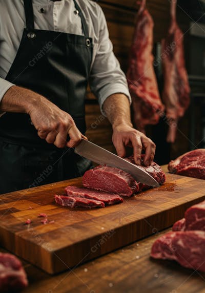 Açougueiro fatiando carne vermelha fresca