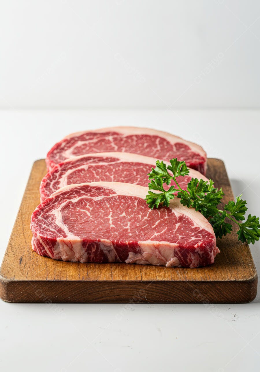 Três cortes de Ribeye sobre tábua de madeira