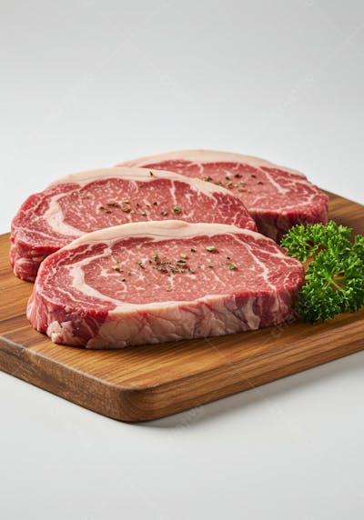 Bifes de carne marmorizada sobre tábua de madeira (2)