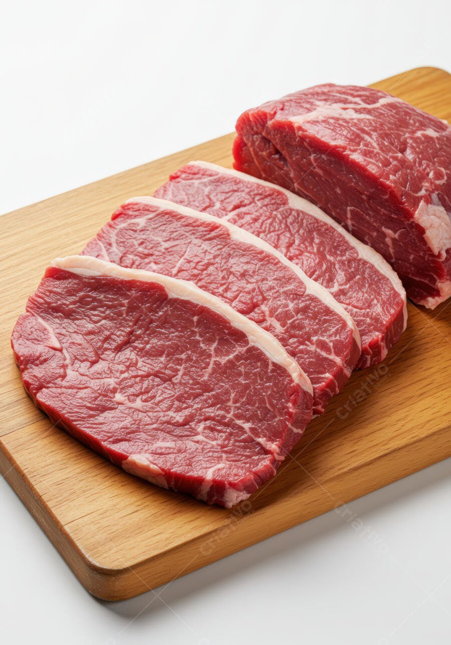 Bife de carne crua em tábua de madeira