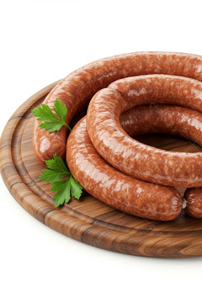 Linguiça crua em gomos grandes enrolada sobre prato de madeira