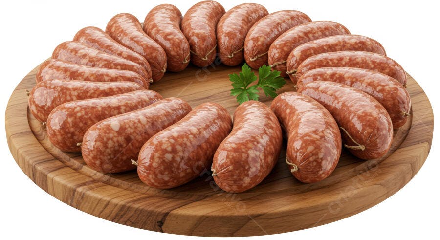 Salsichas frescas em tábua de madeira