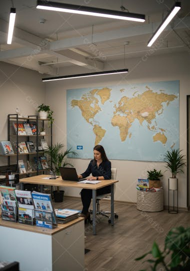 The image shows a brunette woman working on a laptop in her office. The colors are neutral with beige and light blue tones from the world map in the background. The atmosphere is professional and organized.