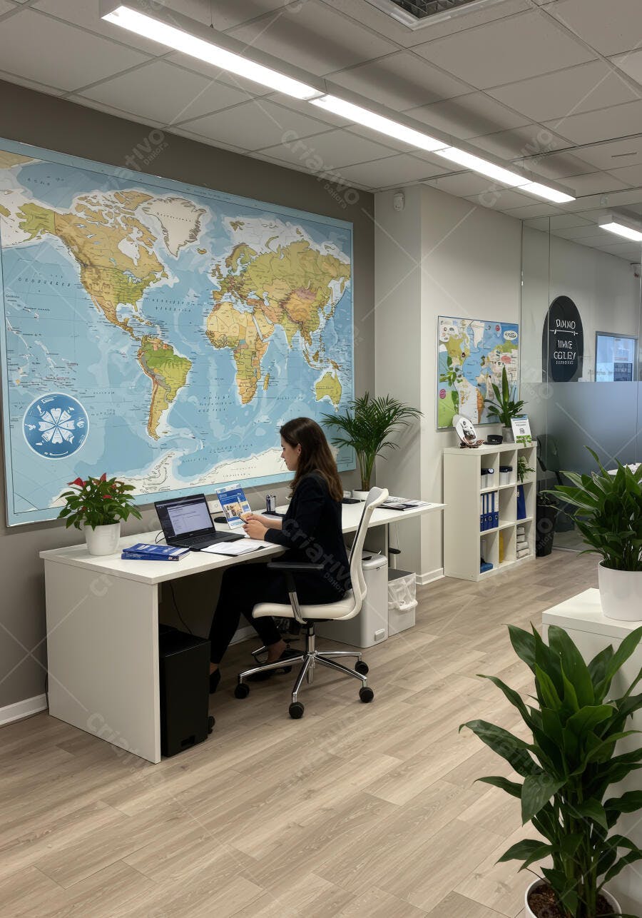 Mulher trabalhando em escritório moderno com mapa de mundo
