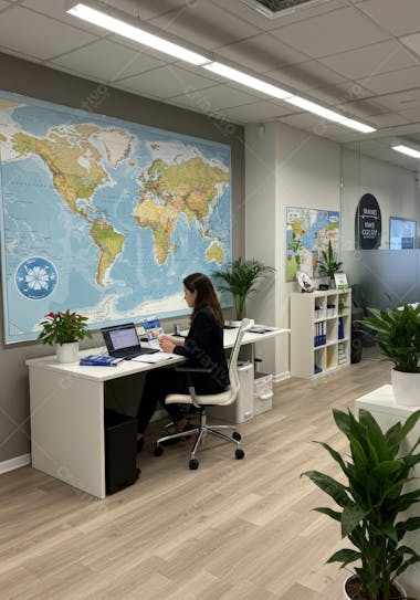Image shows a businesswoman sitting in a modern chair in a bright office. She's working on a laptop, with a large world map on the wall. Neutral tones and plants.