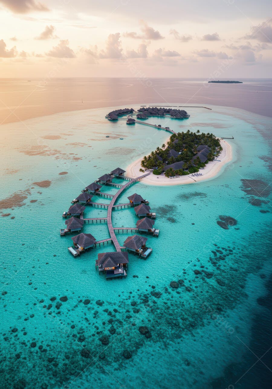 Resort paradisíaco nas Maldivas ao pôr do sol
