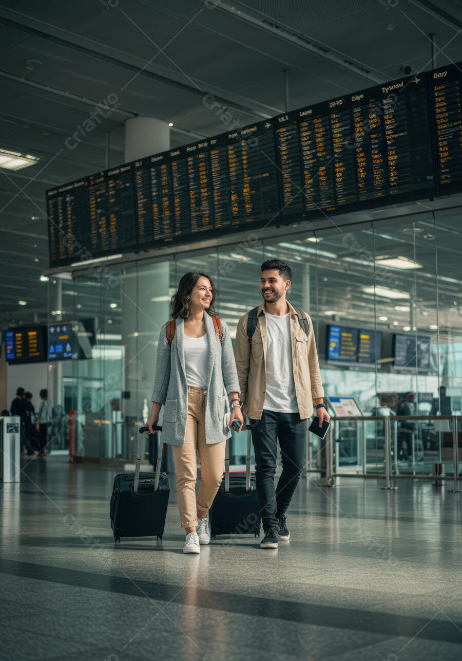 Casal feliz no aeroporto com malas