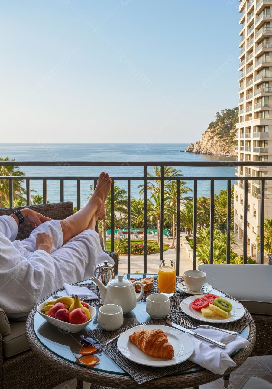 Café da manhã em varanda com vista para o mar