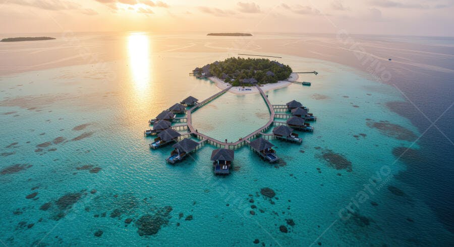 Bungalows sobre água no paraíso tropical ao pôr do sol