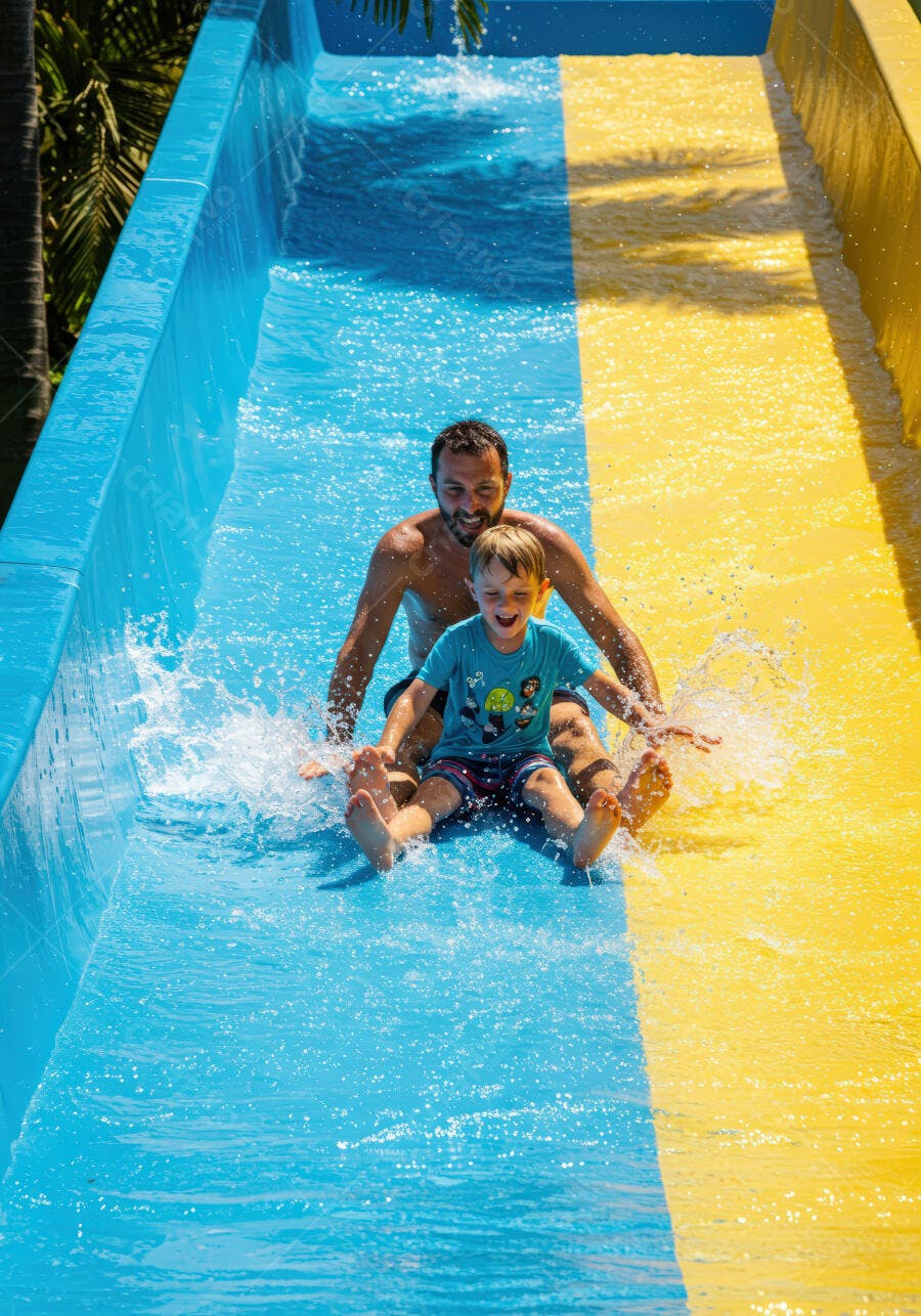 Pai e filho deslizando em tobogã aquático