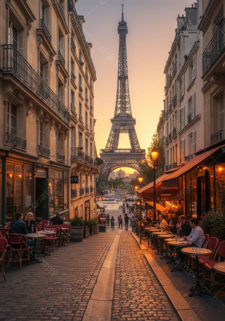 Paris ao entardecer Torre Eiffel vista de rua