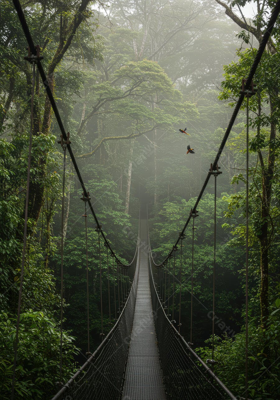 Ponte suspensa na floresta tropical enevoada
