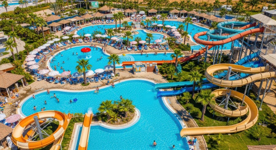 Parque aquático com piscinas e toboáguas