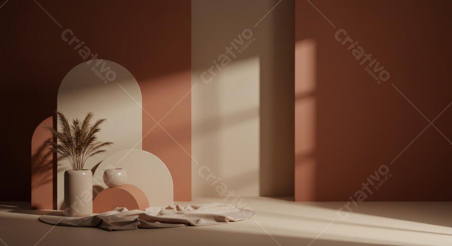Composição minimalista tons terra com vaso e pampas