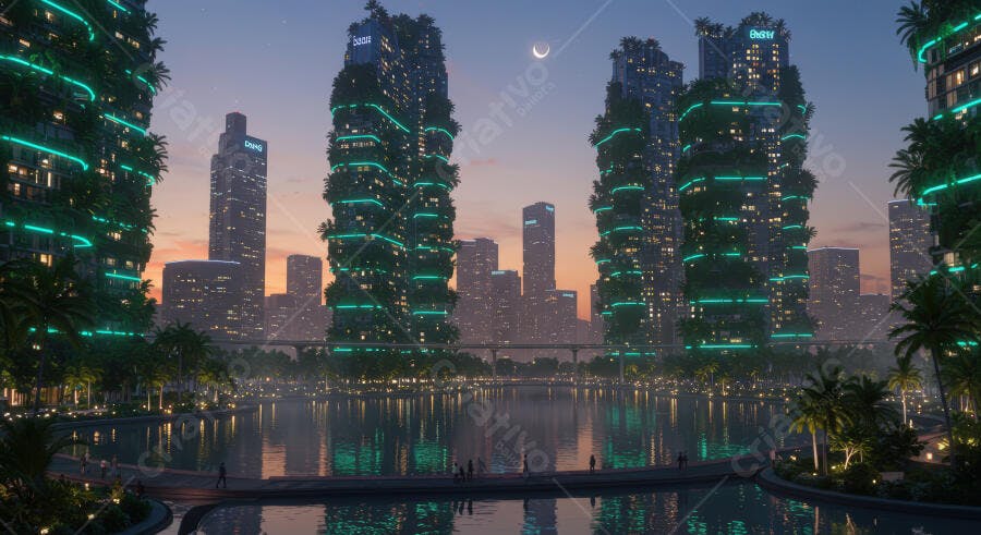 Cidade futurista com prédios verdes ao entardecer