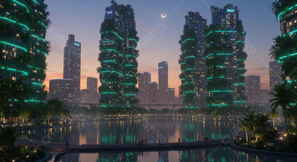 Cidade do Futuro com Arranha-céus Verdes ao Entardecer