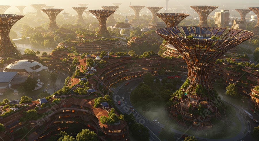 Cidade futurista sustentável ao amanhecer