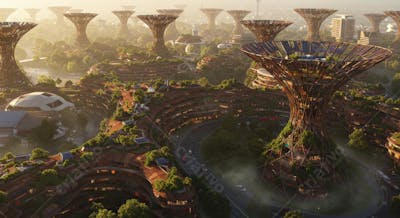 Cidade futurista com arquitetura orgânica e ecotecnologia