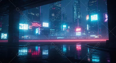 Cidade Futurista à Noite com Neon
