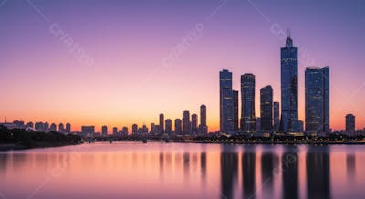 Skyline urbano ao entardecer com reflexo no rio