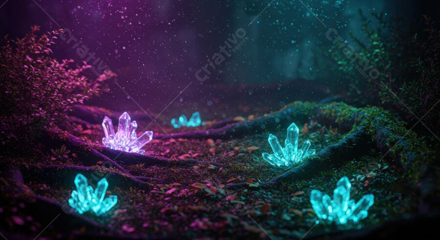 Cristais brilhantes em floresta mágica noturna