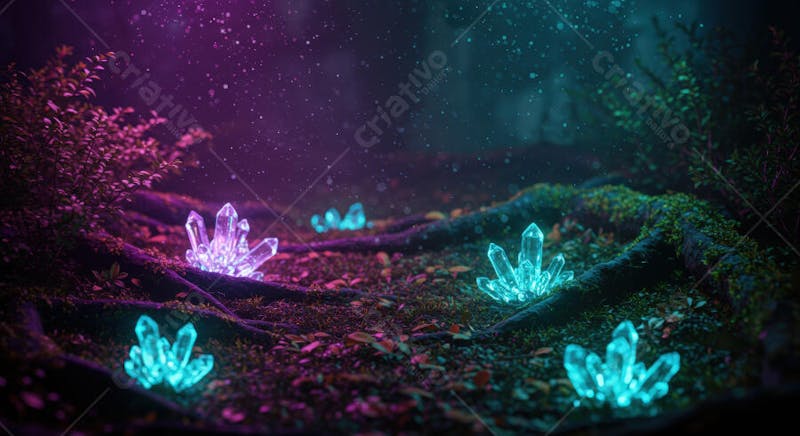 Blue and purple crystals glow intensely on moss-covered ground in a dark forest. Neon lighting creates a magical atmosphere. High-resolution details.