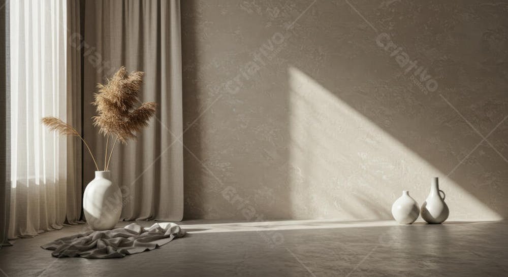 Imagem de decoração minimalista com tons neutros. Apresenta vasos cerâmicos brancos com plumas de Pampas secas em um ambiente claro e arejado, com cortinas de linho e luz natural. A atmosfera é calma e serena.