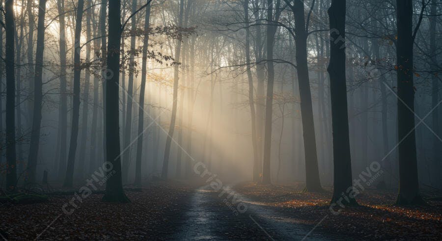 Trilha na floresta enevoada ao amanhecer