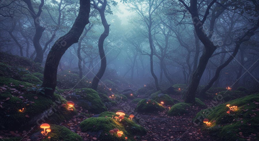 Cogumelos bioluminescentes em floresta enevoada