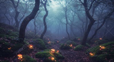 Floresta Mística com Cogumelos Luminosos