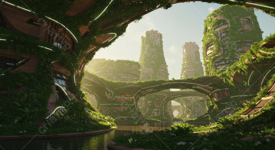 Cidade futurista verdejante com arquitetura orgânica