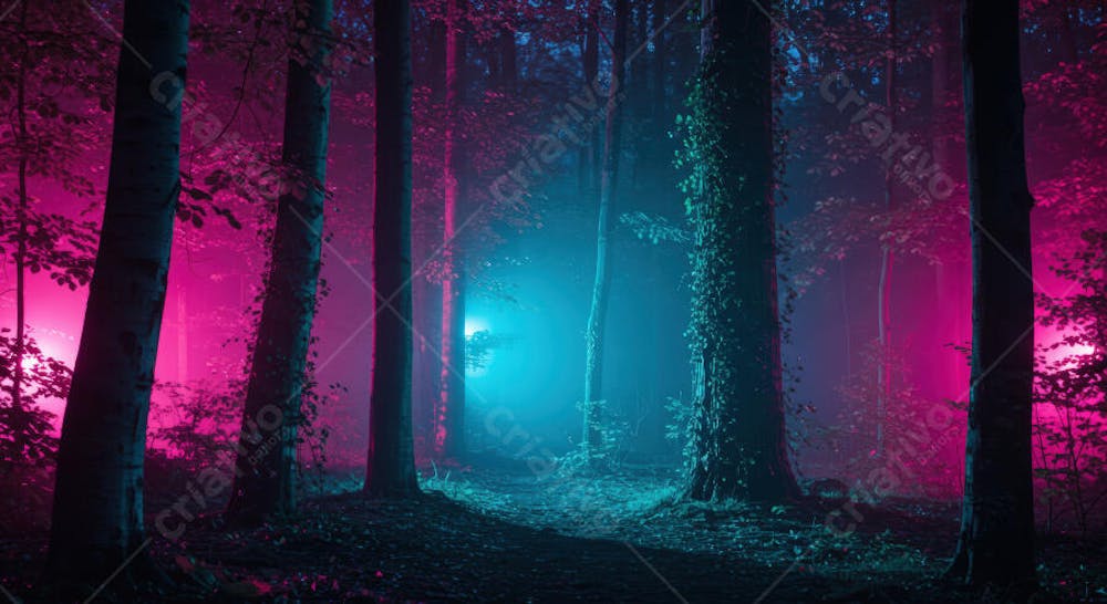 Floresta Neon com Névoa e Iluminação Colorida