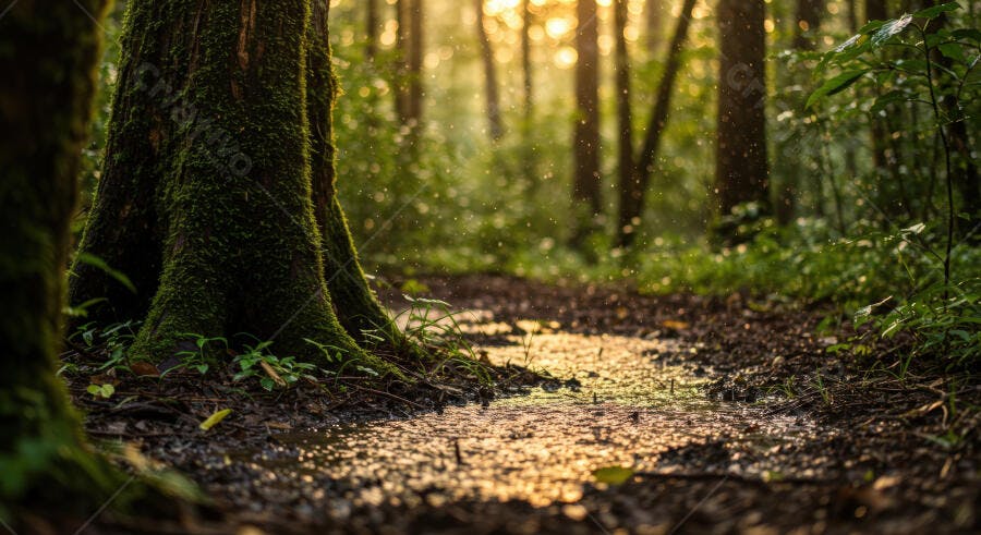 Trilha na floresta após chuva ao entardecer