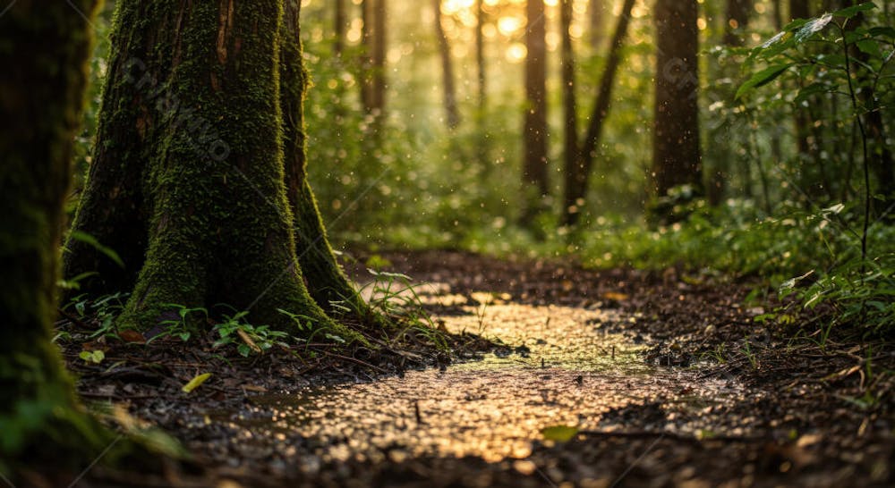 Imagem de uma trilha na floresta após a chuva, com árvores cobertas de musgo e um riacho de água refletindo a luz dourada do entardecer. Tons de verde escuro, marrom e dourado predominam, criando uma atmosfera serena e mágica.
