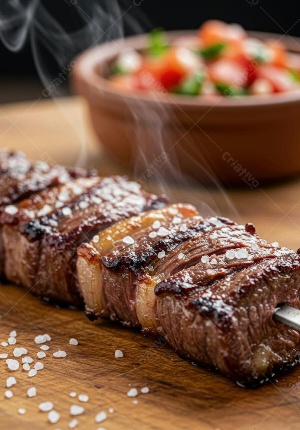 Picanha suculenta grelhada na brasa, temperada com sal grosso, sobre tábua de madeira. Cores marrons escuras e avermelhadas na carne contrastam com o branco do sal e a madeira escura. A fumaça sutil sugere calor e frescor. Detalhe da textura da carne.