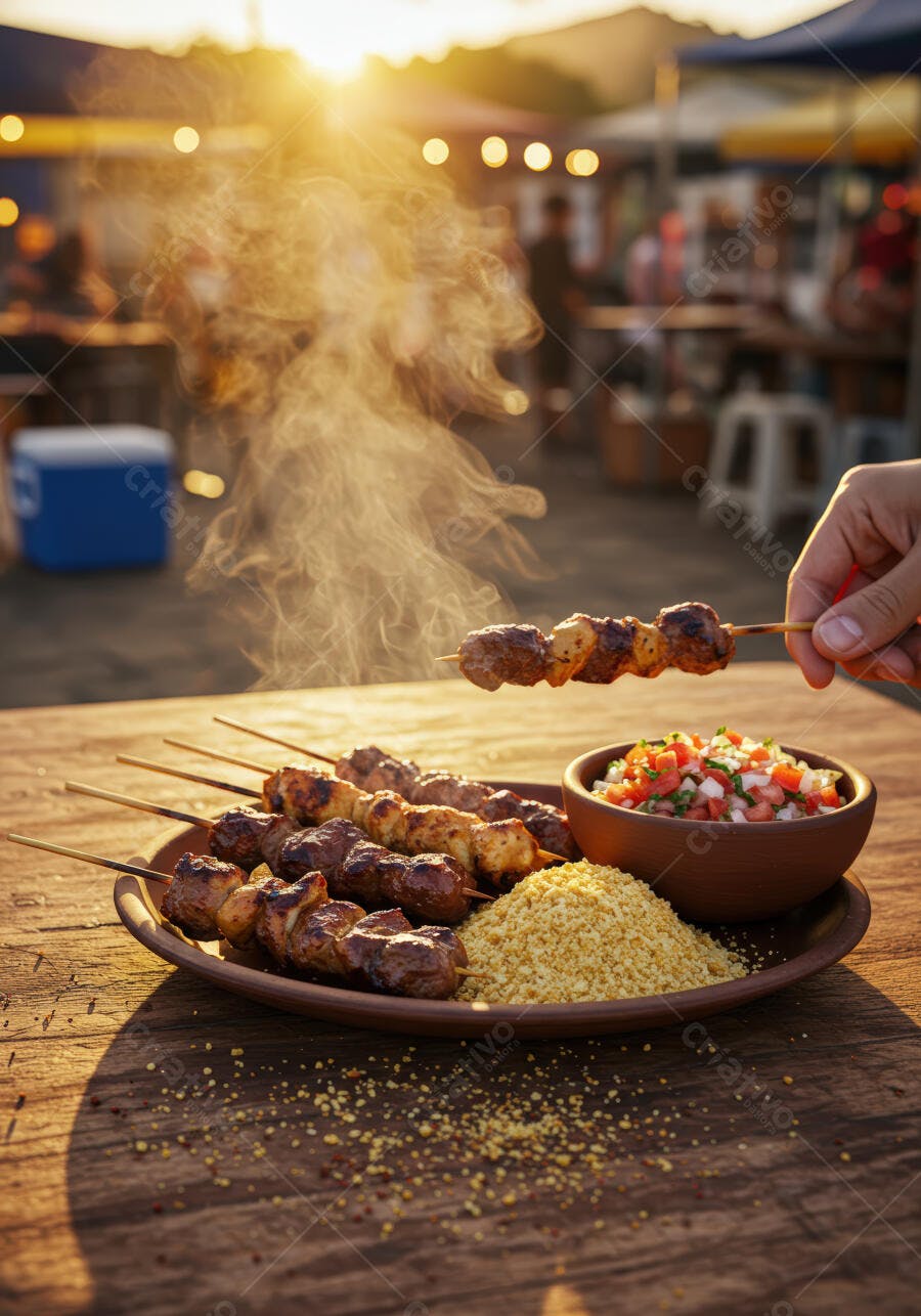 Espetos de carne e frango ao pôr do sol