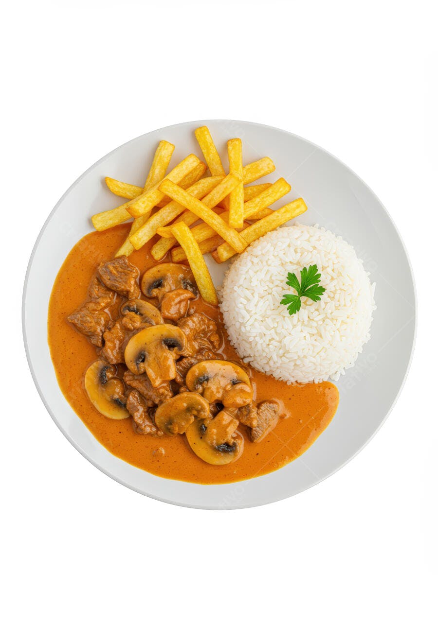 Prato de Strogonoff com arroz e batata frita