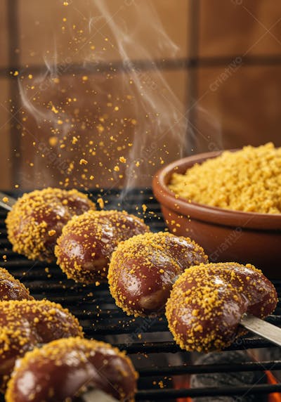 Espetinho de Coração de Frango com Farofa na Brasa