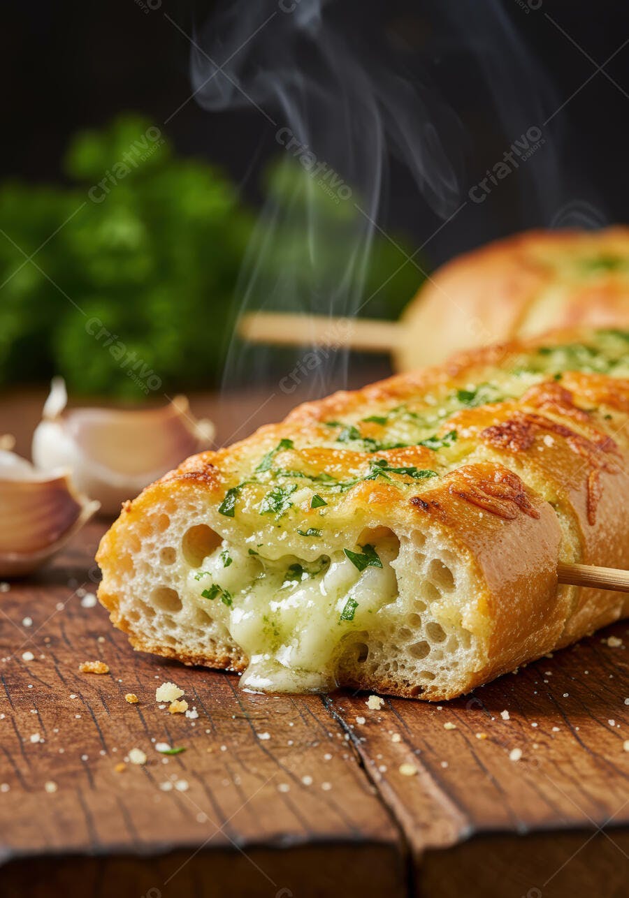 Pão de alho com queijo derretido e salsa