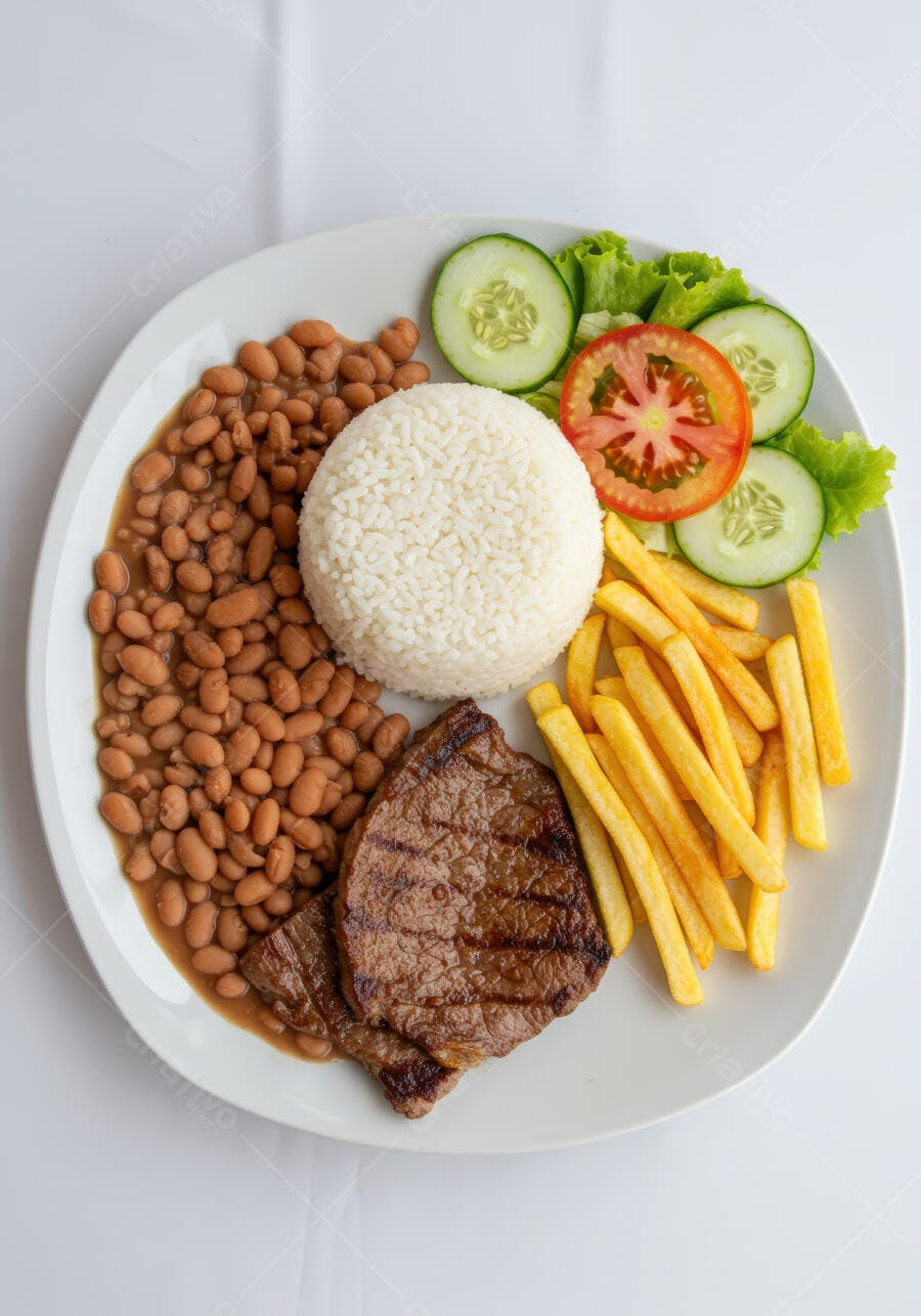 Prato de carne, feijão, arroz e batata frita